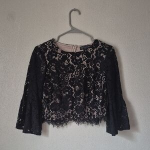 Jessica Howard Black Lace Overlay Blouse With Flounce Sleeves